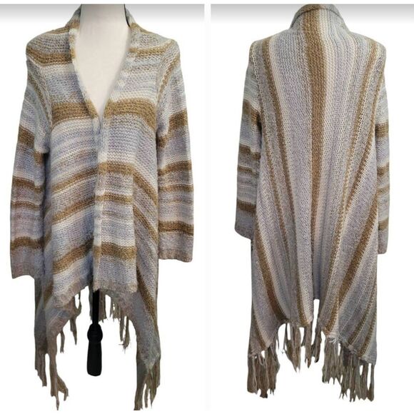 Knox Rose Open Front Cardigan Sweater Duster Fringe Knit Tan Striped Sz L, Hi Lo - Picture 1 of 6